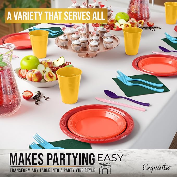 Party Solids 350 Pieces Rainbow Plastic Plates For Party, Rainbow Disposable Plates Set, 50 Of Each 9" Dinner Plate Set, 7" Dessert Plate, Cups, Napkins & Cutlery Plastic Dinnerware
