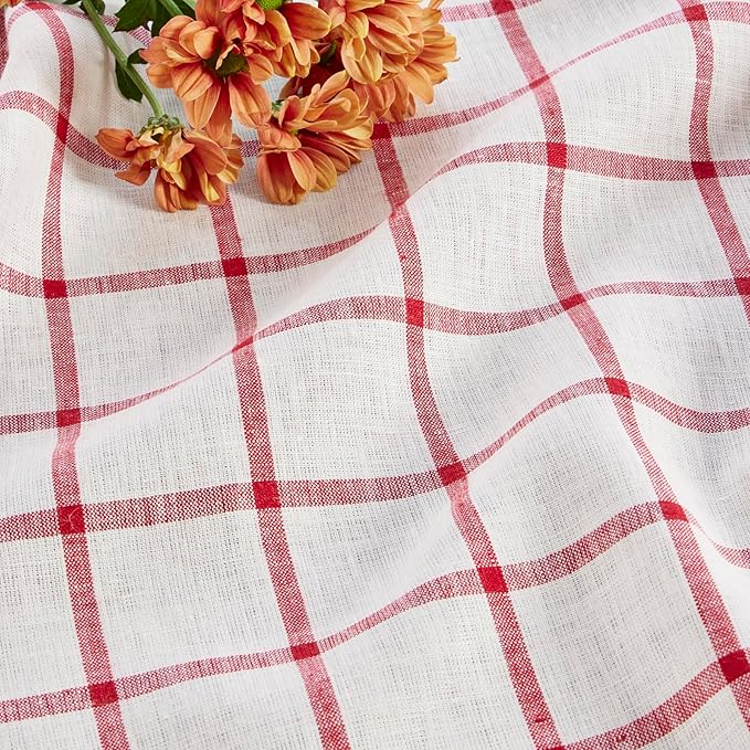 Solino Home Linen Plaid Table Runner 60 Inches - 100% Pure Linen Windowpane Tofu/Red Short Table Runner 14 x 60 Inch Ideal for Dresser and Coffee Tables - Christmas, Xmas