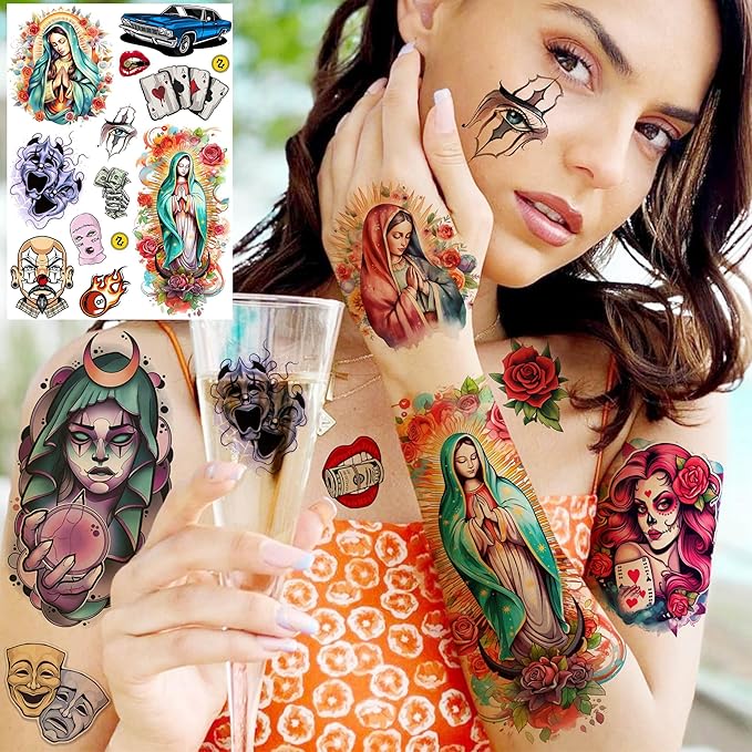 6 Sheets 3D Mexico Chicano Temporary Tattoos For Women Men Adults, Watercolor Guadalupe Tattoo Sticker, Prison Gangster Cholo Joker Chicana Halloween Tattoos Face, Tatuajes Temporales Autocolante