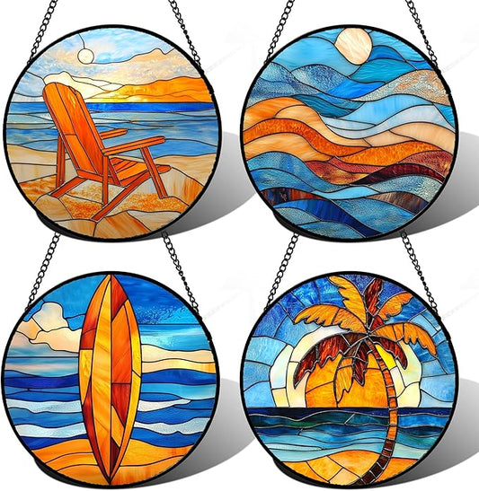 Stained Glass Window Hanging 4 Pcs Set Blue Orange Ocean Beach Theme Large 15" - Suncatcher Door Garden Sun Catcher Decor Birthday Christmas for Mom Woman Nana Men Wife