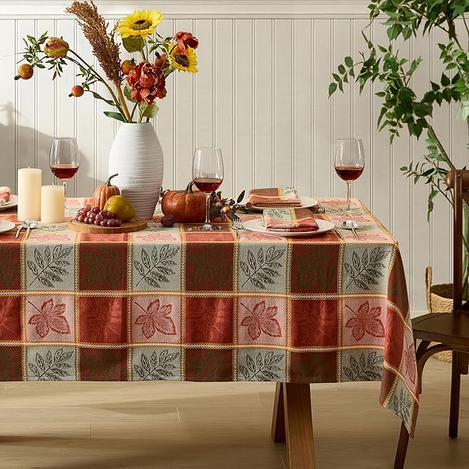 Newbridge Whispering Leaves Rust Orange and Green Plaid Thanksgiving Tablecloth, 52 x 52 Inch Square, Autumn Leaf Woven Fabric Table Cover, Fall Harvest Dining Decor
