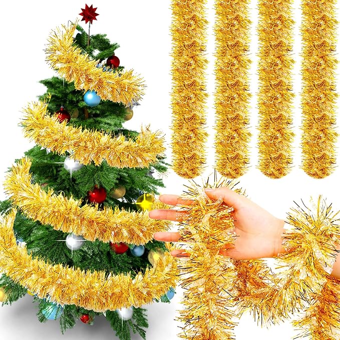 Dilunave 40 Feet Christmas Tinsel Garland Metallic Foil Twist Tinsel Garland Decoration for Christmas Tree, Wedding, Birthday and Party Hanging Decorations(Gold)