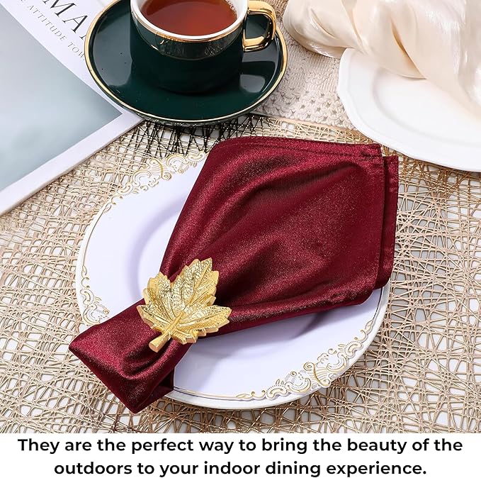 Set of 12 Maple Leaf Napkin Rings - Handcrafted Aluminum Napkin Holders for Cloth & Paper Napkins, Elegant Table Décor for Weddings, Thanksgiving, Christmas & Holiday Parties (Gold) - CLEENTABLE