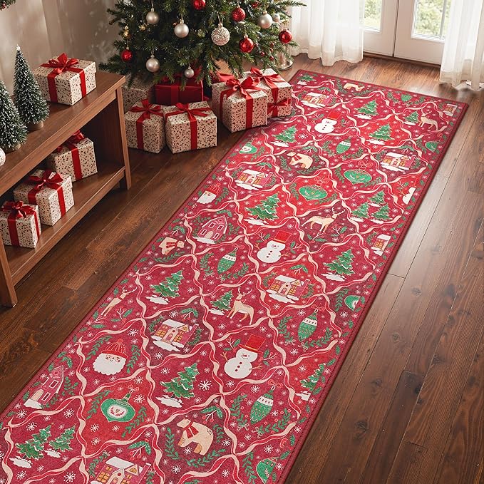 Christmas Runner Rug 2x6 Washable Rug for Hallway Kitchen Bedroom, Christmas Home Decor, Holiday Print Carpet, Low Pile Mat with Non Slip Backing, Red Christmas Tale Pattern