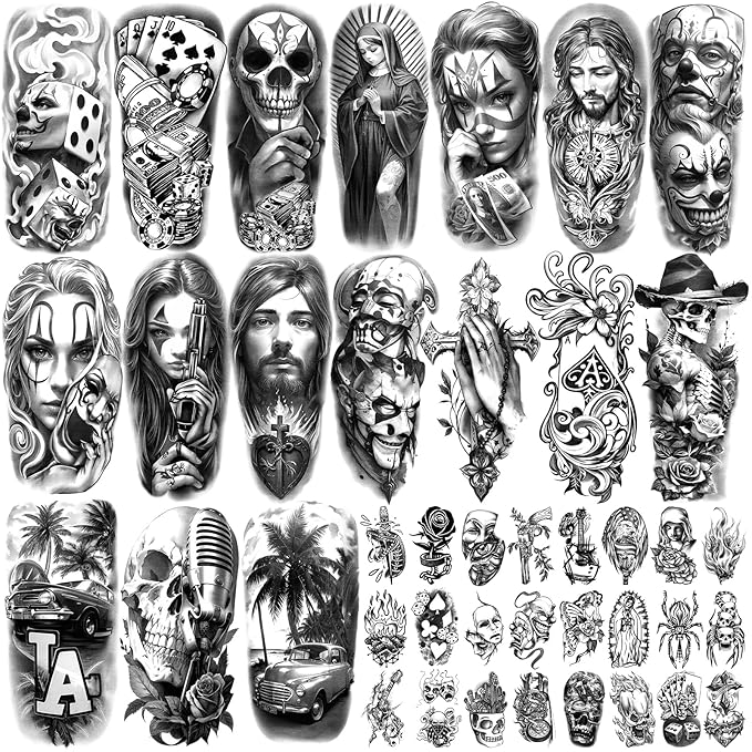 Yazhiji Waterproof Temporary Tattoos For Adult, Chicano Large Fake Tattoo Guadalupe Gangster Prisoner Day of the Dead, Lowrider Style Culture Mexico Clown 77 sheets Tattoo Stickers for Men Women
