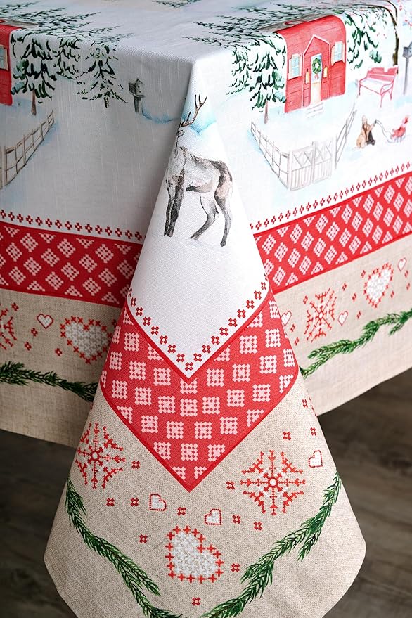 Maison d' Hermine Table Cloth Rectangle Table 100% Cotton 60 x 108 Inches Fall Tablecloth Reusable Everyday Use for Thanksgiving Christmas Decorations Dining Farmhouse Party (Rural Christmas)