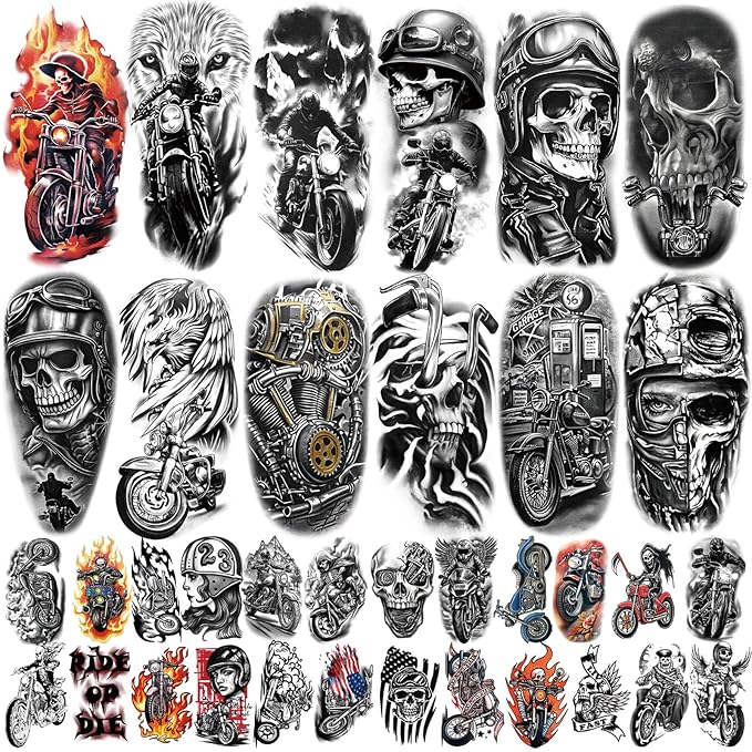 77 Sheets Motorcycle Temporary Tattoo for Women Men, 17 Sheets Half Arm Large Wing Skull Flowers Fake Tattoos, 60 Sheets Black Tiny for Adult Kids Party Body Tattoos Stickers Realistic