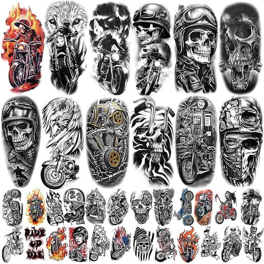 77 Sheets Motorcycle Temporary Tattoo for Women Men, 17 Sheets Half Arm Large Wing Skull Flowers Fake Tattoos, 60 Sheets Black Tiny for Adult Kids Party Body Tattoos Stickers Realistic