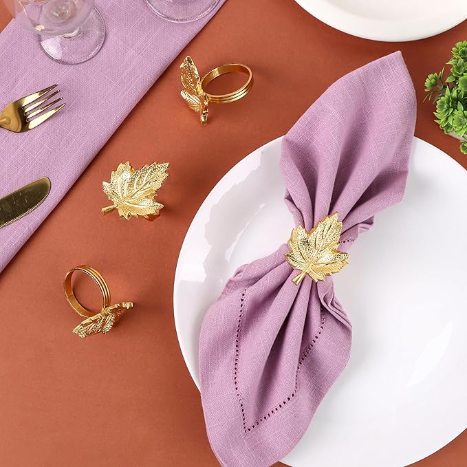 Set of 12 Maple Leaf Napkin Rings - Handcrafted Aluminum Napkin Holders for Cloth & Paper Napkins, Elegant Table Décor for Weddings, Thanksgiving, Christmas & Holiday Parties (Gold) - CLEENTABLE