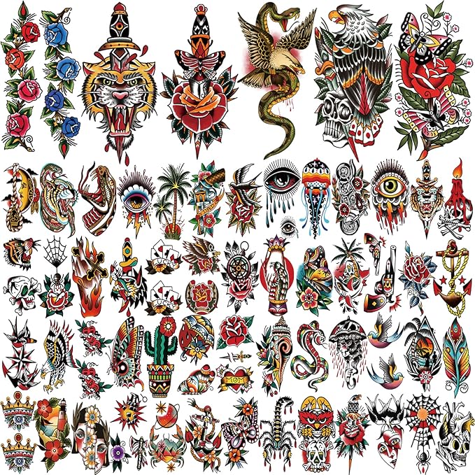 77 sheets Classic Temporary Tattoos Adult, Old School Tattoos Stickers, Sailor Jerry Style Fake Tattoo, American Traditional Flower Rose Arm Temporary Tattoos for Women Men Kids