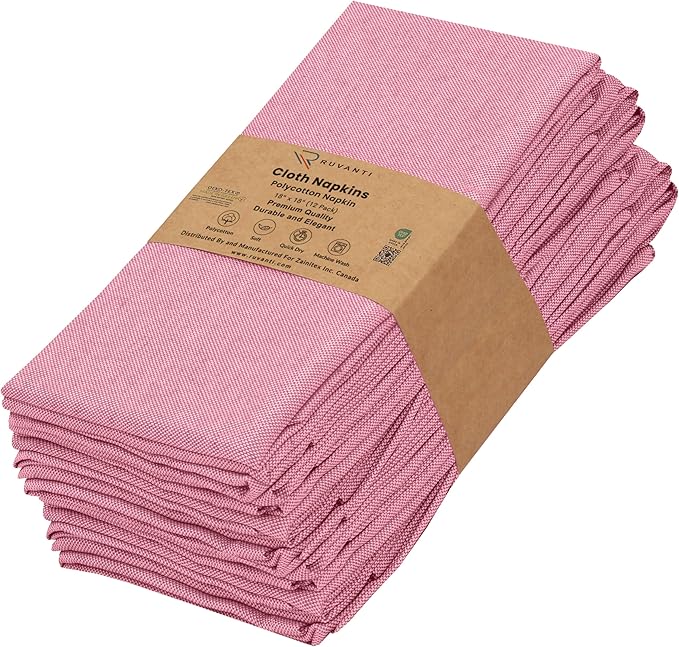 Ruvanti Cloth Napkins Set of 12, 18x18 Reusable Napkins Cloth Washable, Soft & Durable Table Napkin, Poly Cotton Fabric Dinner Napkins for Parties, Christmas, Thanksgiving, Weddings - Bubblegum