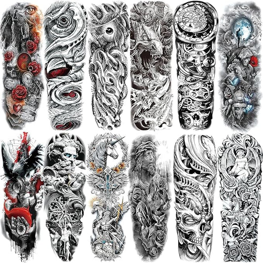 12 Sheets Black Large Full Arm Temporary Tattoos Adults, Waterproof Realistic Totem Flower Myth Angel Skull Fake Tattoos, Eagle Dragon Horse Tattoo Kits Parties Festivals Cosplay BBQ Pool Beach Party