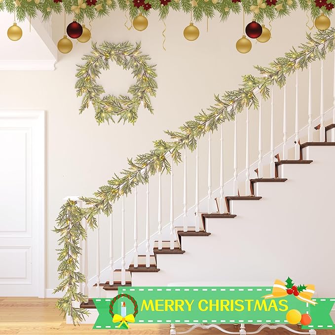 6FT Artificial Christmas Garland, Faux Evergreen Garland with Golden Bell and Star, Pre-lit Battery Operated with Timer for Indoor Outdoor Party Holiday Decor