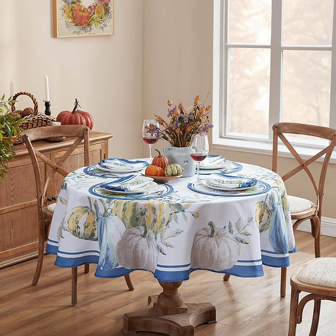 Home Bargains Plus Thanksgiving Contemporary Blue Pumpkin Tablecloth, 70 Inch Round, Fall Harvest Easy Care Fabric Table Cover