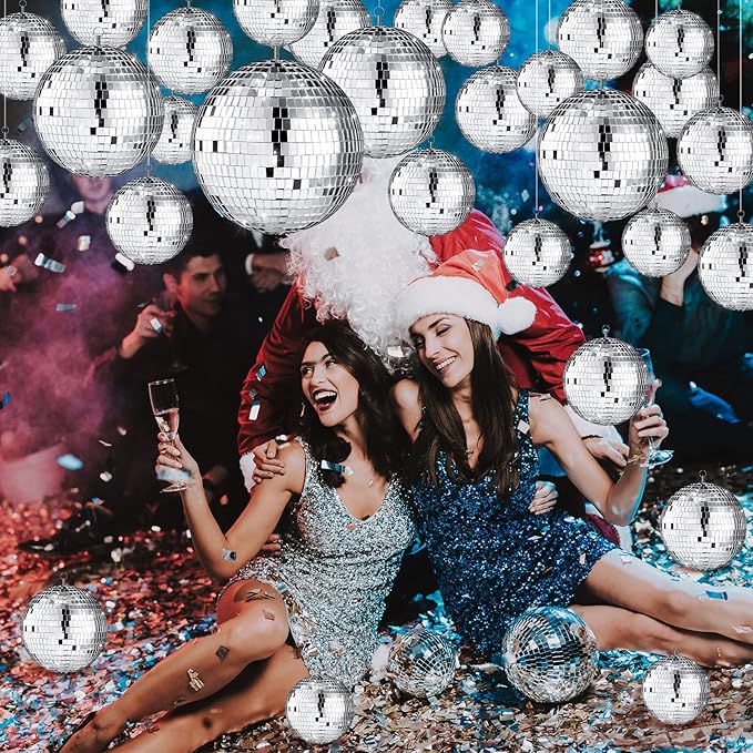 Sumind 25 Pcs Disco Balls Decoration Mirror Disco Balls Silver Hanging Decorations Reflective Dance and Music Festivals for DIY Halloween Christmas Stage Hall Prop (3.2'' 4'' 6'' 8'')