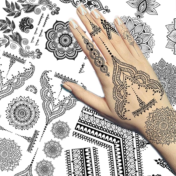 Vintage India Sexy Hands Temporary Tattoos For Women Finger Girls Adults, 4 Sheets Bohemia Lace Black Lotus Mandala Flower Fake Jewels Tattoo Sticker Kits Stencils, Party Favor Supplies Decoration