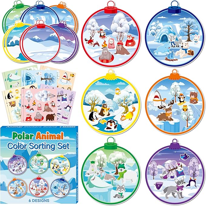 CY2SIDE Polar Animal Stickers Scene - 12 Set Winter Animal Color Sorting Sticker Art Craft for Kids Make A Crystal Ball Scene with Polar Animals DIY Crafts for Kids Holiday Class Party