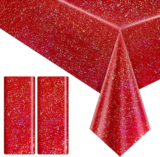 2 pcs Red Holographic Laser Tablecloths for Parties 40" x 108" Christmas Table Cloth Iridescence Shining Table Decoration For 4th July Graduation Patriotic Casino Night Theme Birthday Party Supplies