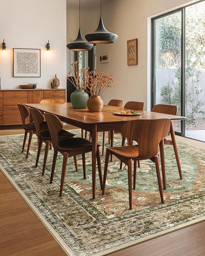 Area Rugs 5'x7' Washable Non-Slip, Floral Vintage Distress Print Pattern Medallion Carpet for Living Room Bedroom Dining Room, Brick Red Rust Neutral Brown Burnt Orange Green