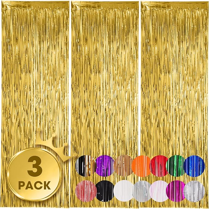 3 Pack 3.3x8.2 Feet Gold Foil Fringe Backdrop Curtains, Tinsel Streamers, Fringe Backdrop for 2025 New Years Eve, Graduation, Birthday, Baby Shower, Gender Reveal, Disco Party