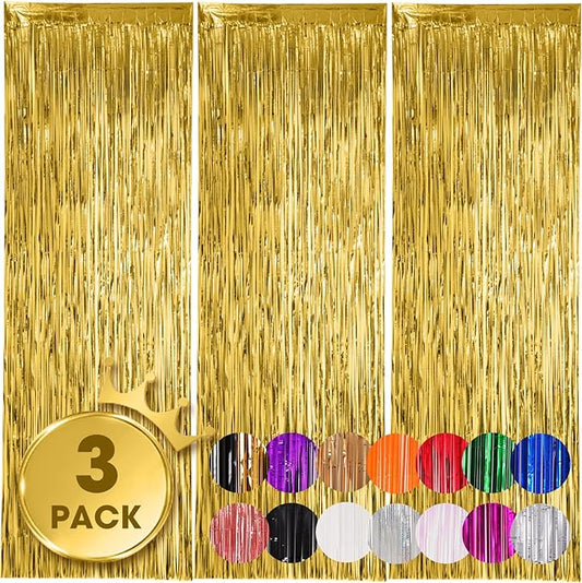 3 Pack 3.3x8.2 Feet Gold Foil Fringe Backdrop Curtains, Tinsel Streamers, Fringe Backdrop for 2025 New Years Eve, Graduation, Birthday, Baby Shower, Gender Reveal, Disco Party