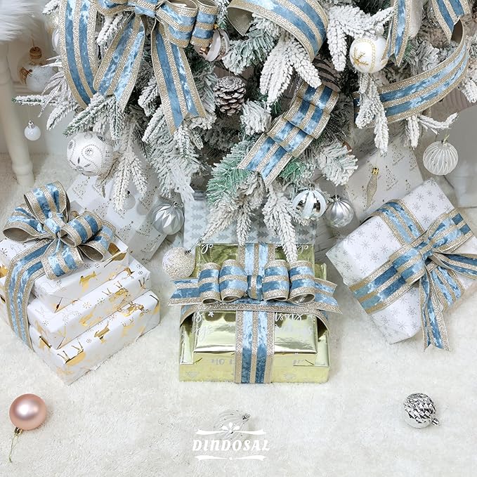 Dusty Blue Velvet Wired Ribbon with Champagne Glitter Stripe 2.5 Inch Crushed Velvet Christmas Ribbon, 10 Yards for Gift Wrapping, Crafts, Christmas Tree Decorations, Wreaths, Garlands