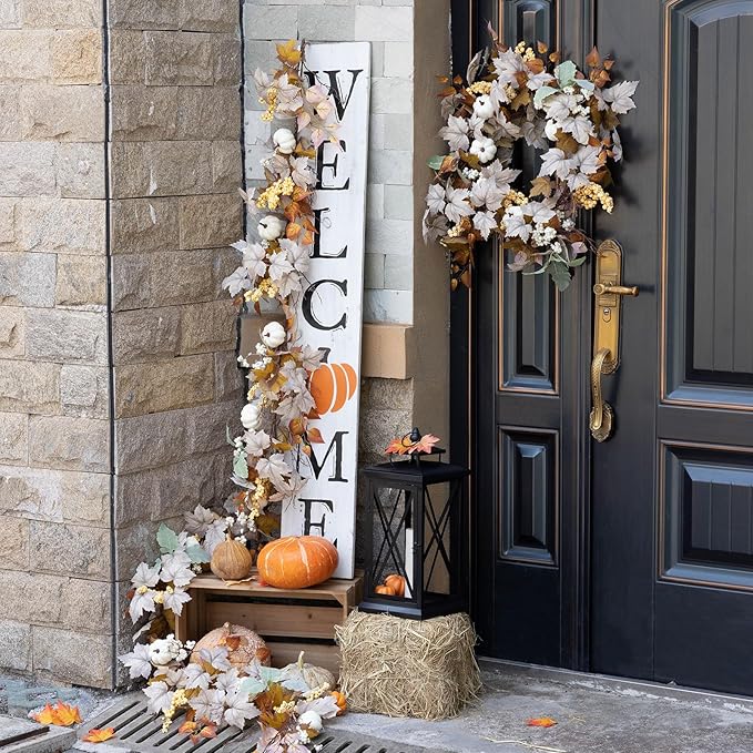 MIZII Fall Decor Artificial Maples Leaf Pumpkin Garland 6FT Autumn Maple Vines Garland Thanksgiving Halloween Harvest Decorations for Home Porch Mantle Fireplace Farmhouse Outdoor Indoor (6FT,Fall)