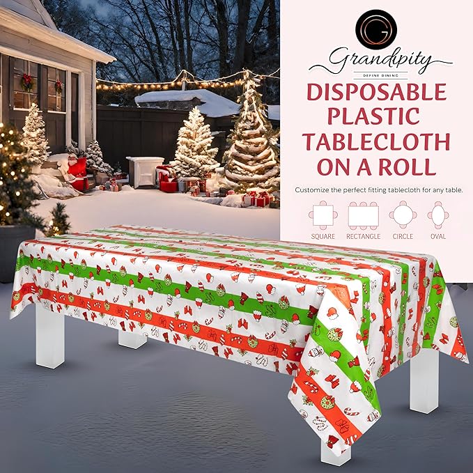 Grandipity Plastic Tablecloth Roll - 54in x 100 Ft. Christmas Plastic Table Cloths for Parties Disposable with Cutter Box - Cut to Size Disposable Tablecloth Table Cover for Rectangle & Round