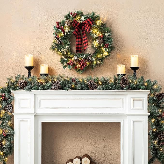 Glitzhome 2PK 6ft Christmas Garlands with Lights, Glittered Pinecones and Berries Greenery Christmas Garlands with 50 Warm White Lights and Timer for Christmas Holiday Party Hanging Decorations