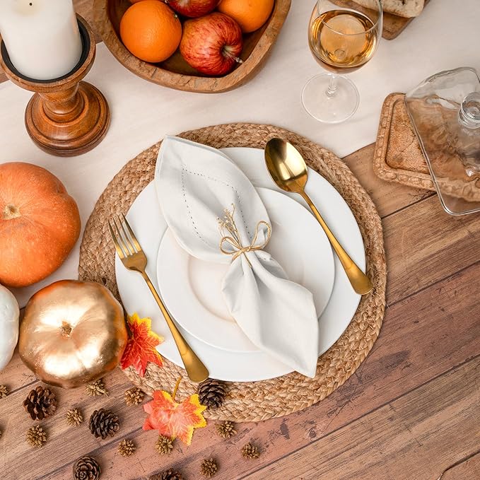 Blue Needles Set of 6 Hemstitch Linen Napkins 100% Cotton White Cloth Dinner Napkins 18x18 inches, Soft, Reusable, Absorbent, Washable, Ideal for Fall Thanksgiving Events, Parties & Everyday Use
