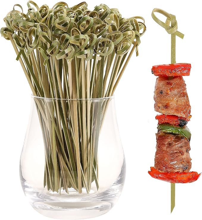Bamboo Knotted Cocktail Picks 6 Inch, 100 Pack Toothpicks Skewers with Looped Knot for Appetizers, Mini Food Sticks Fancy Tooth Picks for Party Drinks Fruit Charcuterie Cocktail Garnish Accessories