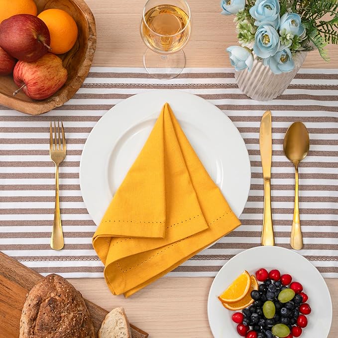 Blue Needles Set of 6 Hemstitch Linen Napkins 100% Cotton Golden Yellow Cloth Dinner Napkins 18x18 inches, Soft, Reusable Absorbent Washable, Ideal for Fall Thanksgiving Events, Parties & Everyday Use