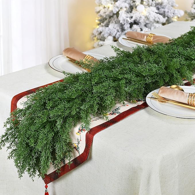 Palonu 1Pcs 9Ft Christmas Cedar Garland, Artificial Realistic Greenery Faux Garlands Touch Like Real Cypress Pine Xmas Décor, Fireplace Mantle Table Stairs Porch Indoor Outdoor Holiday Decoration