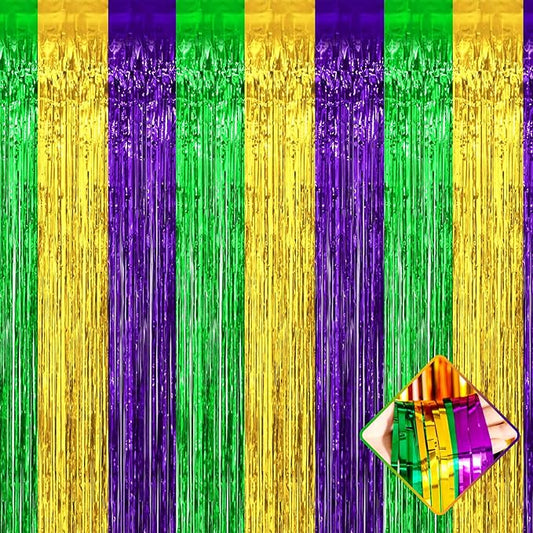 4 Pack 3.2Ft x 9.8Ft Mardi Gras Foil Fringe Curtain Backdrop, Gold Green Purple Metallic Tinsel Foil Fringe Streamers Curtains Background for Photo Booth, Birthday, Wedding, Carnival Party Decoration