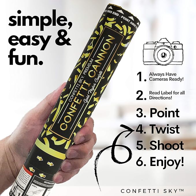 Confetti Sky [6 Pack] 12 Inch Confetti Cannons | Gold Confetti Poppers for Wedding Celebration, Birthday Party, Pranks, Graduation, Christmas Eve and New Year Celebration