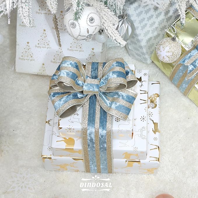 Dusty Blue Velvet Wired Ribbon with Champagne Glitter Stripe 2.5 Inch Crushed Velvet Christmas Ribbon, 10 Yards for Gift Wrapping, Crafts, Christmas Tree Decorations, Wreaths, Garlands