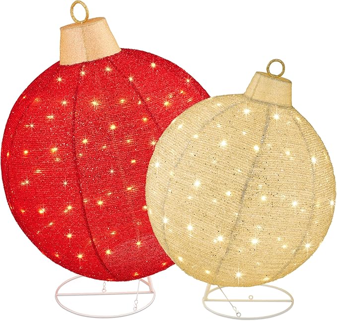 Best Choice Products 2pc Lighted Pop-Up Outdoor Christmas Ornament Set, Holiday Ball Decoration w/ 220 LED Lights, 8 Light Functions - Red/Gold