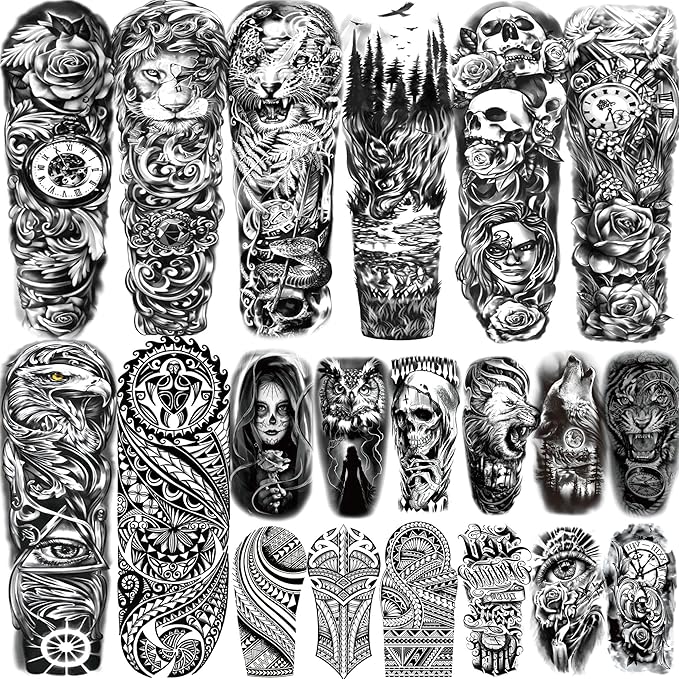 20 Sheets Black Lion Leopard Full Arm Temporary Tattoos For Men Adults Thigh, Floral Forest Wolf Skull Skeleton Eagle Maori Turtle Totem Fake Sleeve Tattoos For Women, Halloween Tattoo Stickers Flower