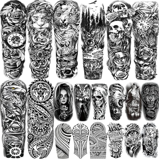 20 Sheets Black Lion Leopard Full Arm Temporary Tattoos For Men Adults Thigh, Floral Forest Wolf Skull Skeleton Eagle Maori Turtle Totem Fake Sleeve Tattoos For Women, Halloween Tattoo Stickers Flower