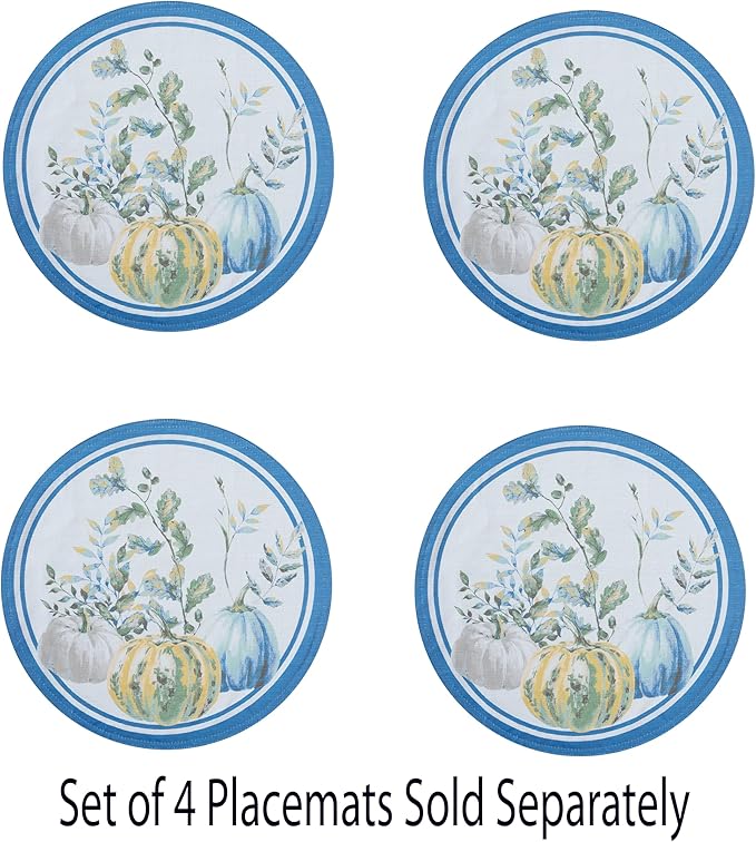 Home Bargains Plus Thanksgiving Contemporary Blue Pumpkin Fabric Placemats, Set of 4, Fall Harvest Easy Care Table Mats