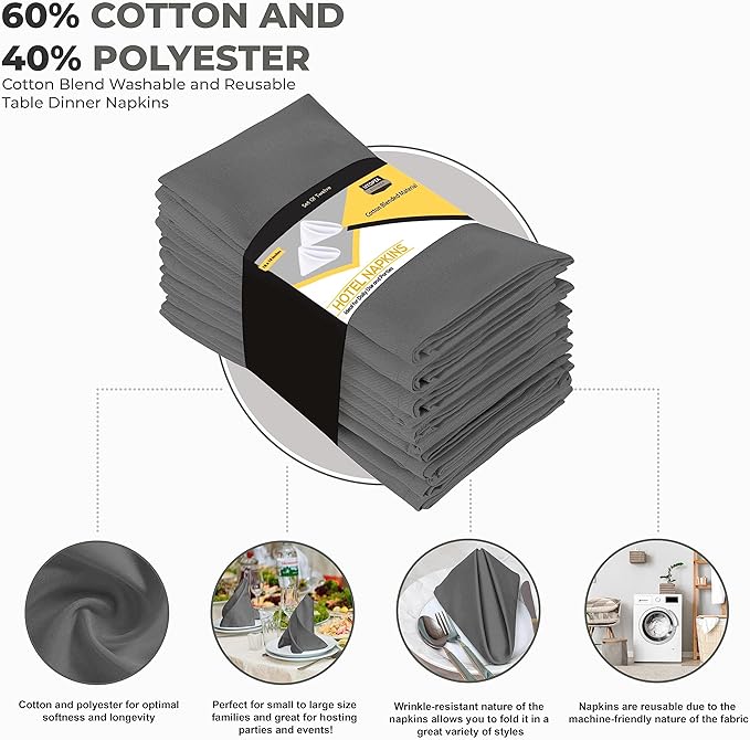 Utopia Kitchen Steel Grey Cloth Napkins [12 Pack, 18x18 Inch] Absorbent Cotton Blend Washable and Reusable for Dinner, Restaurant, Lunch, Wedding and Hotel