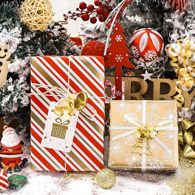 MAYPLUSS Christmas Wrapping Paper Roll - Mini Roll - 17.3 in X 120 in Per roll - 3 Different Christmas Red Snowman Gold Stripe,Gold Snowflake for Xmas Gift Wrap (43.2 sq.ft)