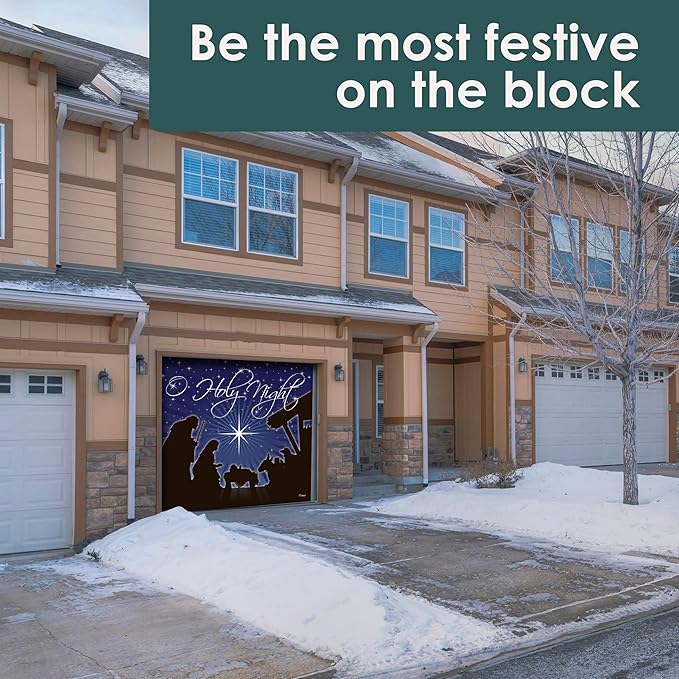 7' x 8' Peaceful O Holy Night Nativity Garage Door Banner - Designed to Move with Door | Sacred Christmas Single Garage Door Decoration