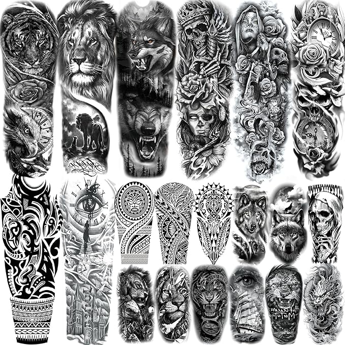 20 Sheets Cool Wolf Lion Tiger Full Arm Temporary Tattoos For Men Adults Thigh, Skull Nun Maori Flower Fake Sleeve Tattoo For Women, 3D Bulk Black Tribal Eye Halloween Clock Christ Tattoo Stickers