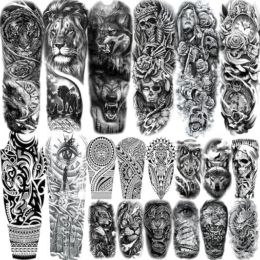 20 Sheets Cool Wolf Lion Tiger Full Arm Temporary Tattoos For Men Adults Thigh, Skull Nun Maori Flower Fake Sleeve Tattoo For Women, 3D Bulk Black Tribal Eye Halloween Clock Christ Tattoo Stickers