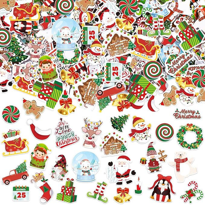 JULBEAR Christmas Foam Sticker, 300Pcs Winter Bulk Colorful Printing Self-Adhesive Campus Themed Foam Stickers for Kids Christmas Party Favors DIY Crafts Holiday Classroom Decorations
