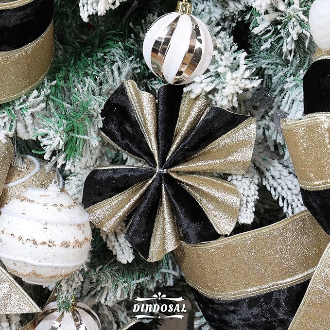 Black Velvet Wired Christmas Ribbon 4 Inch Extra Wide Thick Black and Gold Glitter Holiday Ribbon – 10-Yards Roll for Tree Decorations, Gift Wrapping, Wreaths, and DIY Crafts