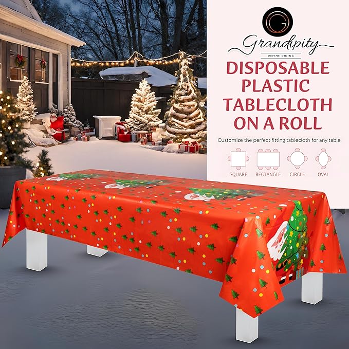 Grandipity Plastic Tablecloth Roll - 54in x 300 Ft. Santa Plastic Table Cloths for Parties Disposable with Cutter Box - Cut to Size Disposable Tablecloth Table Cover for Rectangle & Round
