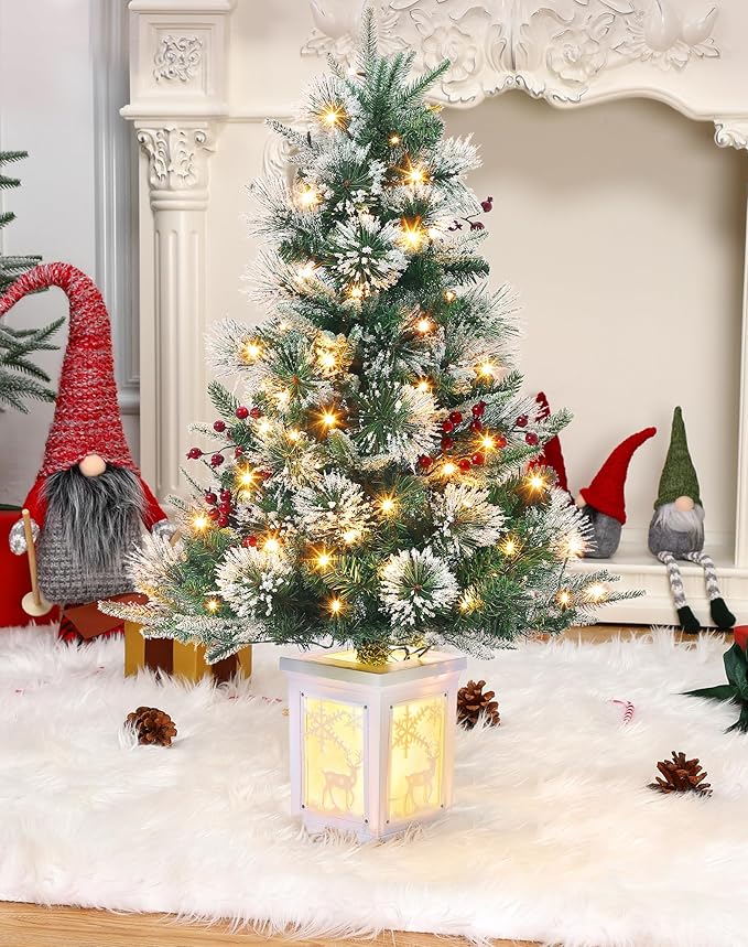3 ft Mini Christmas Tree with Premium 78 Warm White Led, 8 Mode Xmas Pine Tree for Christmas Decoration, Party Decoration, Home, Office, Snow Flocked White Moose Base 1 Pack