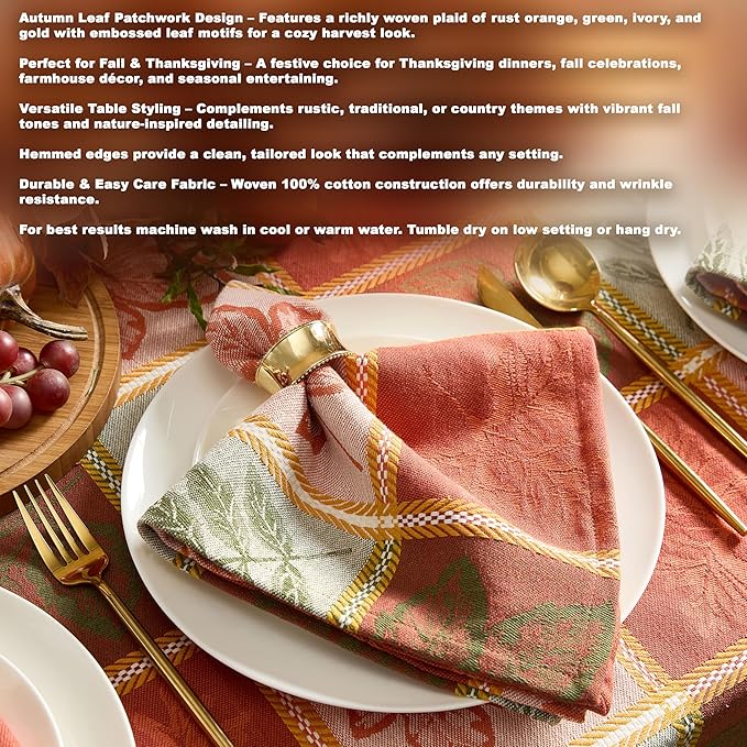 Newbridge Whispering Leaves Rust Orange and Green Plaid Thanksgiving Tablecloth, 60 x 84 Inch Rectangle, Autumn Leaf Woven Fabric Table Cover, Fall Harvest Dining Decor